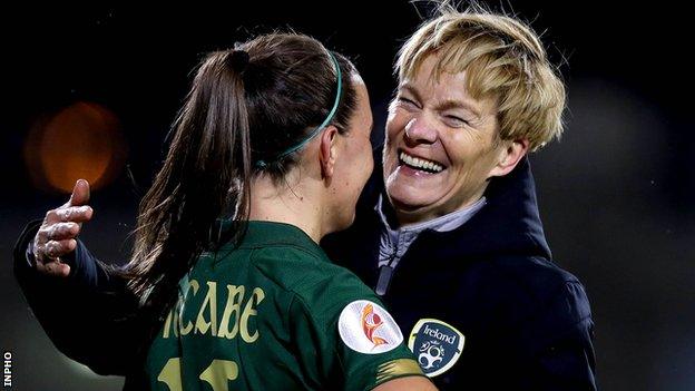 Republic player Katie McCabe celebrates with Vera Pauw after the qualifier win over Greece in March