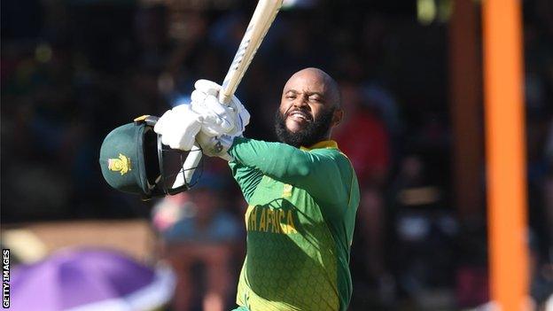 Temba Bavuma celebrates his century against England