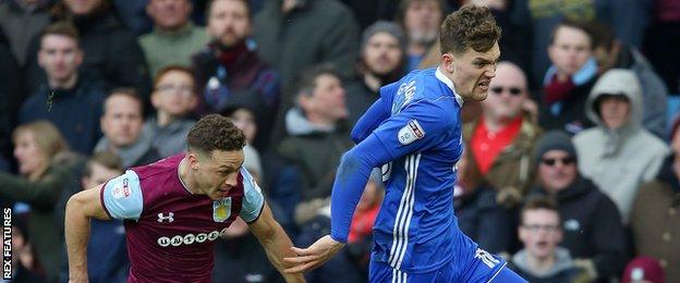 Sam Gallagher (right) in action for Birmingham City against Aston Villa