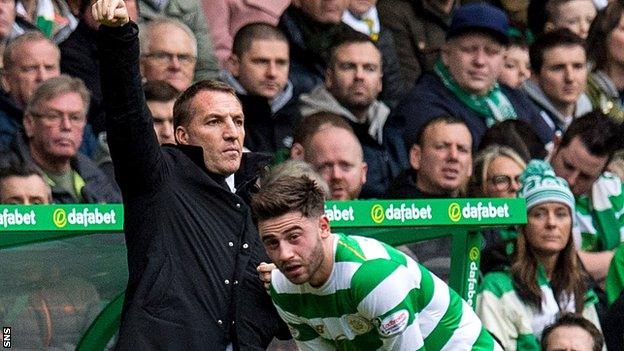 Celtic manager Brendan Rodgers and winger Patrick Roberts