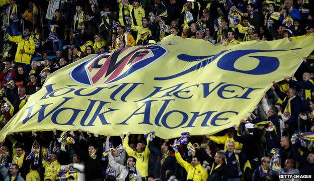 Villarreal fans with banner paying tribute to Hillsborough victims