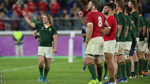 Faf de Klerk celebrating after South Africa beat Wales in the Rugby World Cup semi-final