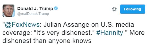 Trump tweet: "Julian Assange on US media coverage: 'It's very dishonest. More dishonest than anyone knows'"