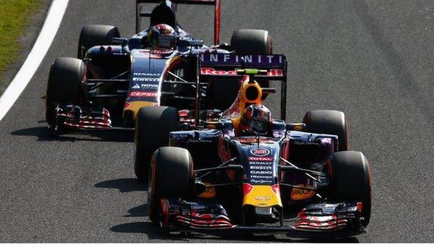 Red Bull and Toro Rosso cars during the 2015 Japanese Grand Prix