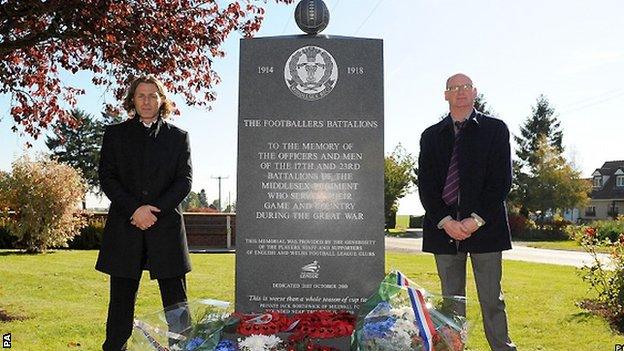 Wycombe manager Gareth Ainsworth (left) and Phil Stant beside the memorial in Longueval in 2010