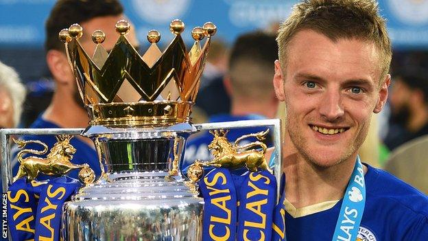 Leicester City striker Jamie Vardy celebrates winning the Premier League title