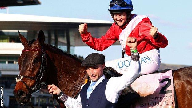 Rachael Blackmore celebrates winning the Cheltenham Gold Cup on A Plus Tard