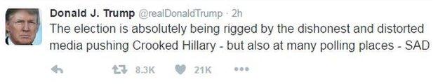 Tweet saying: The election is absolutely being rigged by the dishonest and distorted media pushing Crooked Hillary - but also at many polling places - SAD