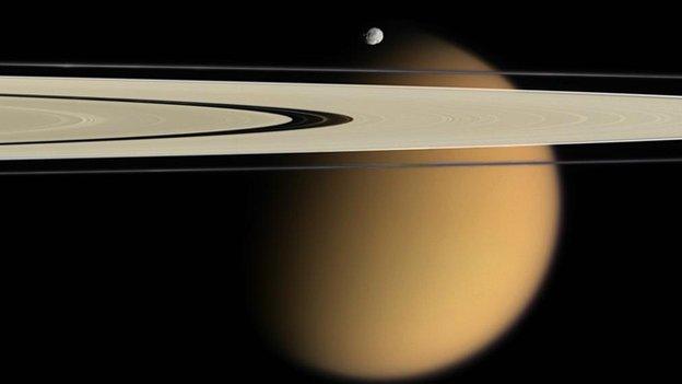 Titan, Saturn's rings and Epimetheus Nasa/JPL/Space Science Institute