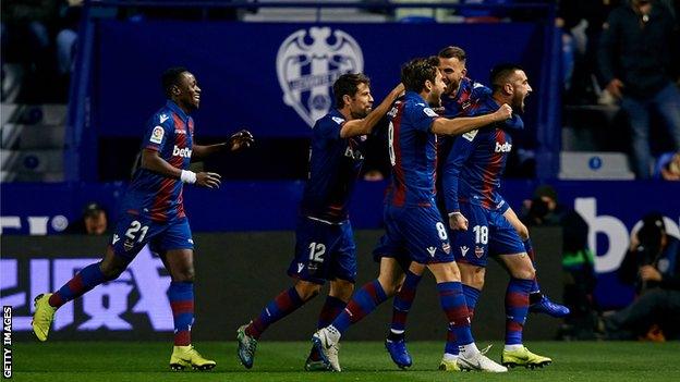 Levante players celebrate their opening goal