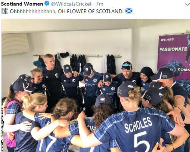 The Scotland team celebrate a convincing opening win in the Netherlands