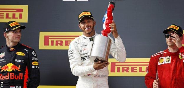 Max Verstappen, Lewis Hamilton and Kimi Raikkonen on the podium for the French Grand Prix