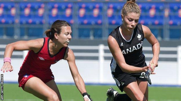 Natalie Sourisseau (right) of Canada vies for the ball with Michelle Wilson of Chile during their match for the bronze medal during the XVI Pan American Games Guadalajara.