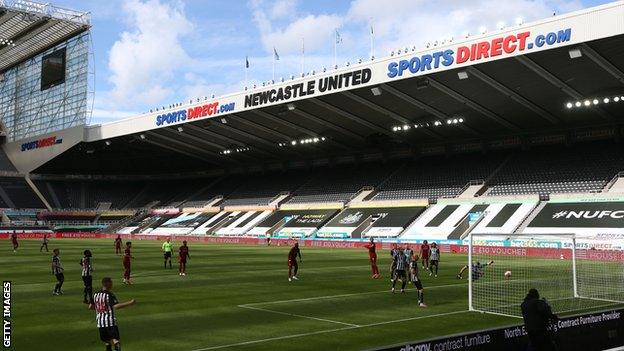 A general view of St. James' Park stadium as Newcastle play a Premier League match against Liverpool behind closed doors