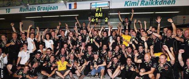 Lotus team celebrates winning the 2012 Abu Dhabi Grand Prix