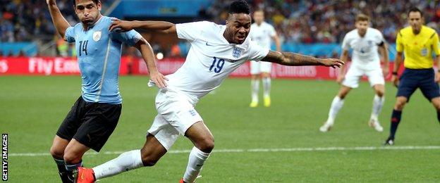 England winger Raheem Sterling in action during the 2014 World Cup