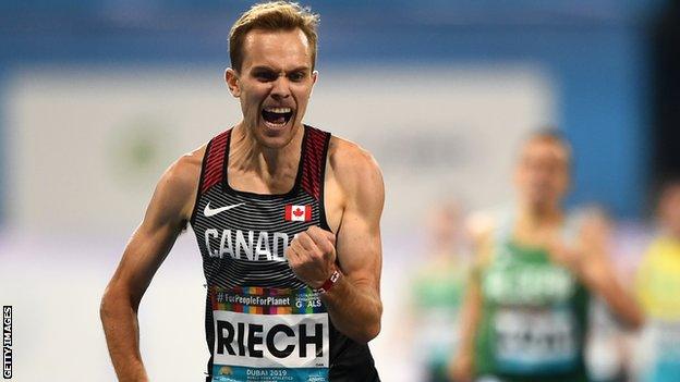 Canadian Nate Riech celebrates as he crosses the line to win the T38 1500m title in Dubai