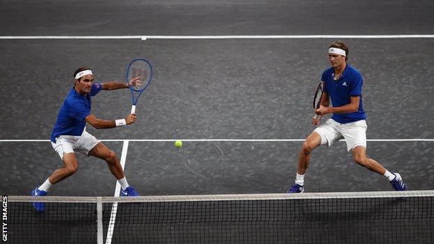 Roger Federer and Alexander Zverev playing in the Laver Cup doubles