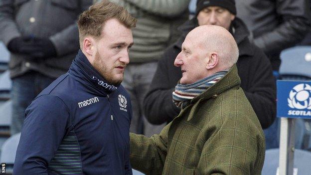 Stuart Hogg is consoled by his father John after pulling up injured in the warm-up before Scotland's win over Australia