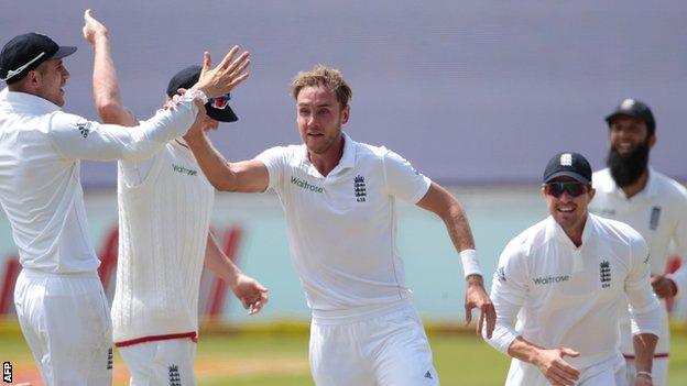 Stuart Broad celebrates a wicket