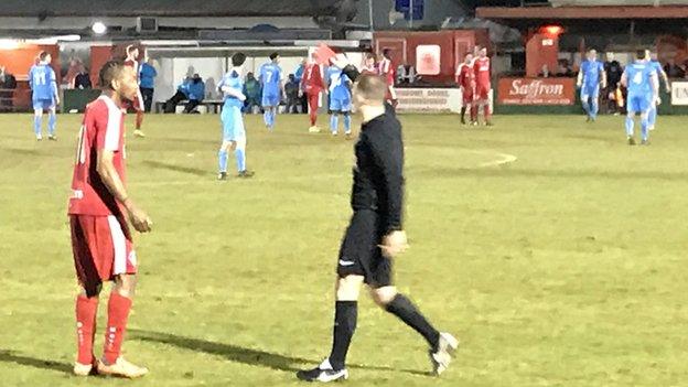Hemel Hempstead forward Sanchez Watt is shown a red card