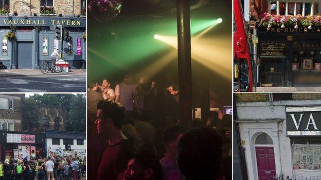 Clockwise from top left: the Royal Vauxhall Tavern, Push the Button at the RVT, the Black Cap, the site of now-closed Candy Bar, and the Joiners' Arms