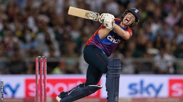 Eoin Morgan plays an attacking shot for England