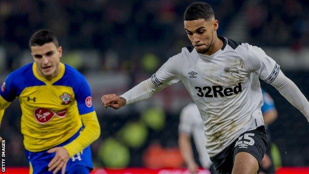 Max Lowe in action for Derby County against Southampton