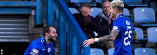 Stephen Dobbie and Lyndon Dykes celebrate a goal for Queen of the South