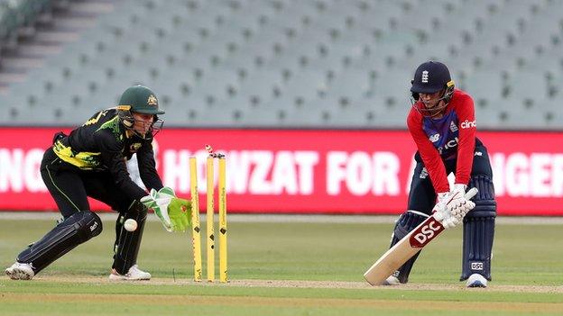 Danni Wyatt is bowled by Tahlia McGrath