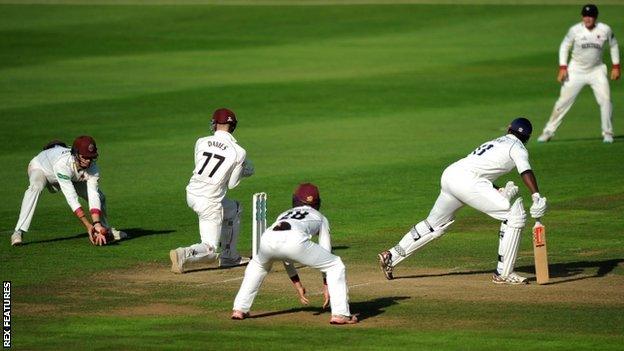 Keith Barker caught at slip by Marcus Trescothick