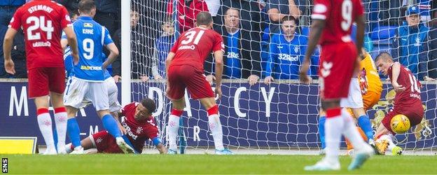 Murray Davidson's effort is cleared by Steven Davis, with St Johnstone claiming it crossed the line