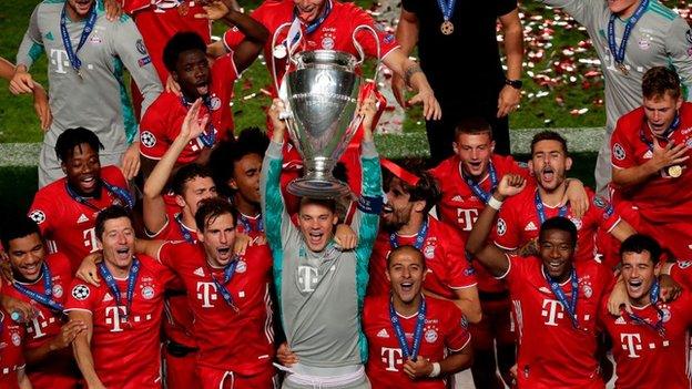 Bayern Munich celebrating winning Champions League in August