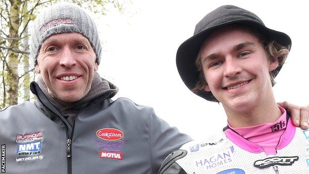 BE Racing manager John Burrows pictured with Malachi Mitchell-Thomas at the Cookstown 100 in April 2016