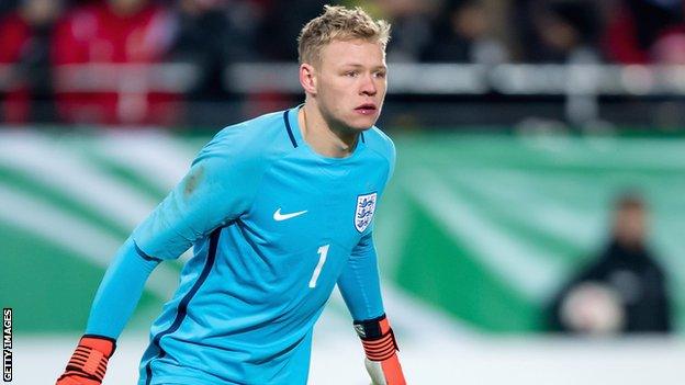 Aaron Ramsdale watches from his goal during an England Under-20 friendly against Germany