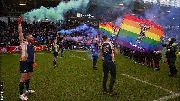 Rainbow flags and coloured flares on show at Harlequins' annual Pride match