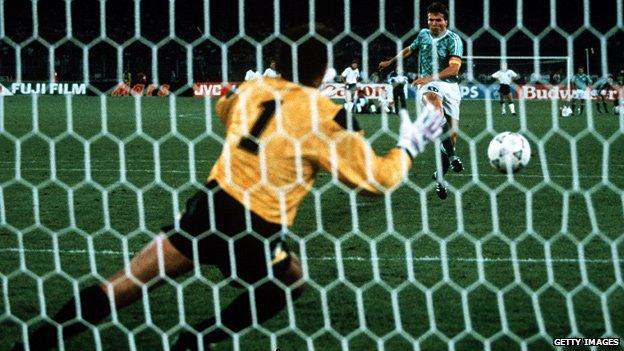 Lothar Matthaus scores his penalty past Peter Shilton