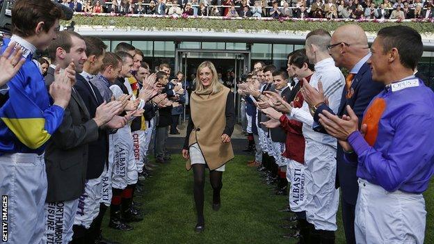 Josephine Gordon is given a guard of honour by jockeys at Ascot