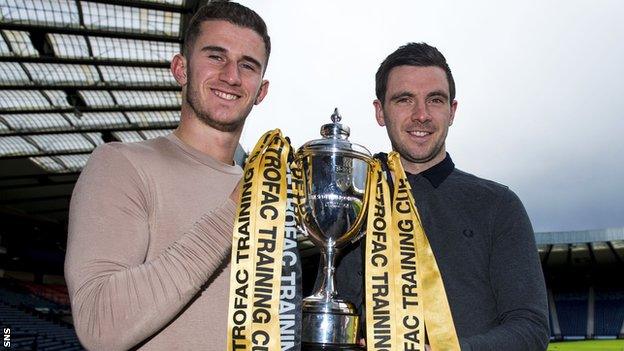 Rangers' Dominic Ball and Peterhead's Steven Noble with the Challenge Cup