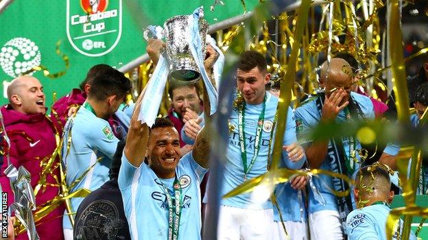 Man City celebrate winning the Carabao Cup