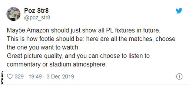 Tweet saying 'Maybe Amazon should just show all PL fixtures in future.'