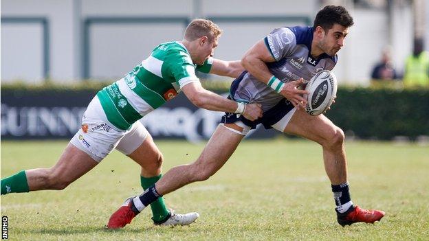 Andrea Buondonno of Treviso tackles Connacht's Tiernan O'Halloran