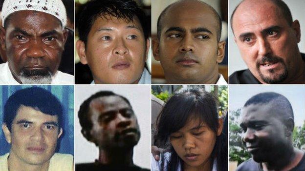 In this file combo photographs, eight foreign death row prisoners in Indonesia await execution by firing squad in Nusakambangan prison island. Top row from left, Ghanaian Martin Anderson, Australians Andrew Chan and Myuran Sukumaran, Frenchman Serge Atlaoui. Bottom row Brazilian Rodrigo Gularte, Nigerian Raheem Agbaje Salami, Filipina Mary Jane Fiesta Veloso, and Nigerian Sylvester Obiekwe Nwolise.