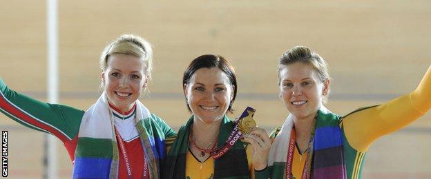 Becky James (left) won a silver medal in the sprint at the Commonwealth Games in 2010 behind Australian Anna Mears (centre)