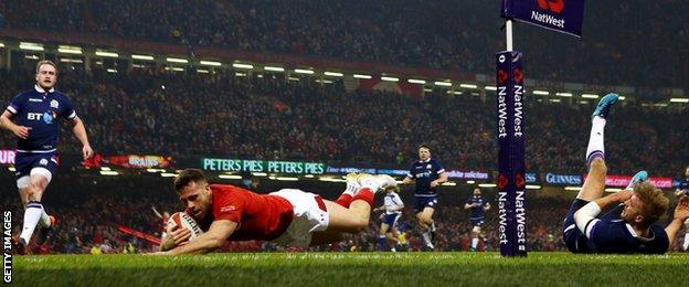 Gareth Davies crosses for Wales' first try in Saturday's win over Scotland