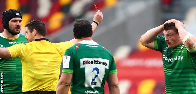 London Irish prop Will Goodrick-Clarke (far right) is sent off by referee Nika Amashukeli