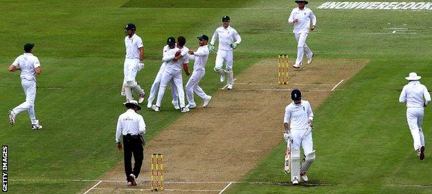 Dale Steyn of South Africa celebrates taking the wicket of Alastair Cook