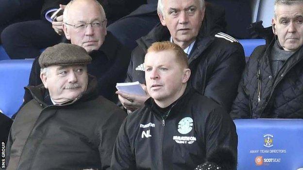 Neil Lennon took a seat next to Hibs chairman Rod Petrie after his Rugby Park sending off