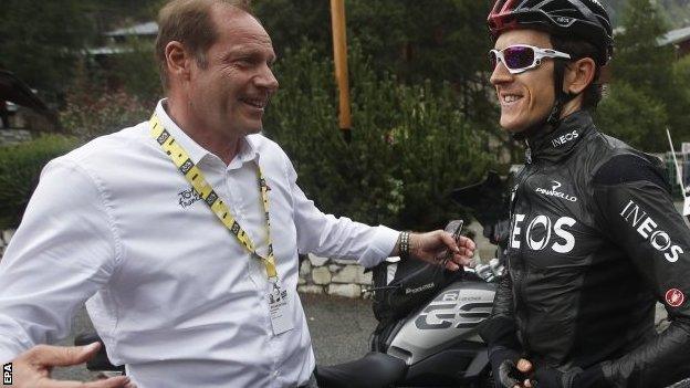 Tour de France race director Christian Prudhomme chatting to Geraint Thomas