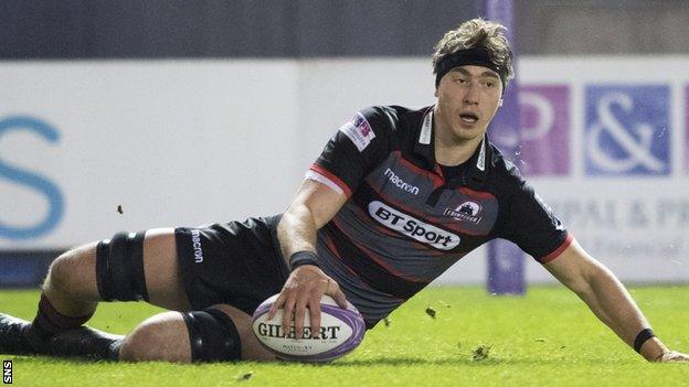 Edinburgh back-row Jamie Ritchie scores a try in the 78-0 win over Krasny Yar